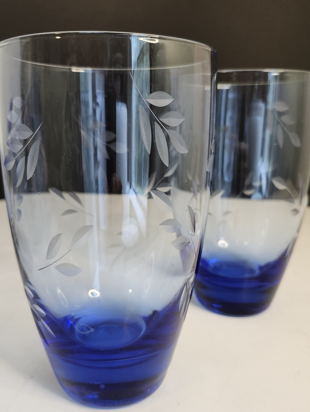 Vtg 2 Pfaltzgraff Summer Breeze Cobalt Blue Cooler Glasses Leaves 6 1/2"  24oz